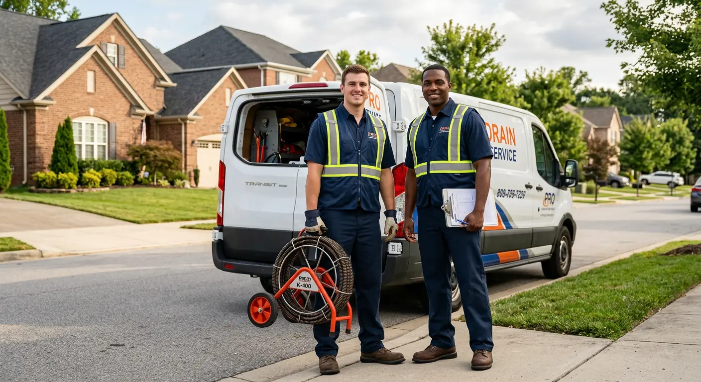 Sewer and drain service team with equipment ready for work in Waco