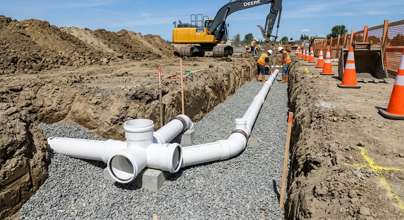 New PVC sewer pipe installation in open trench for Commercial Drain Cleaning in Waco