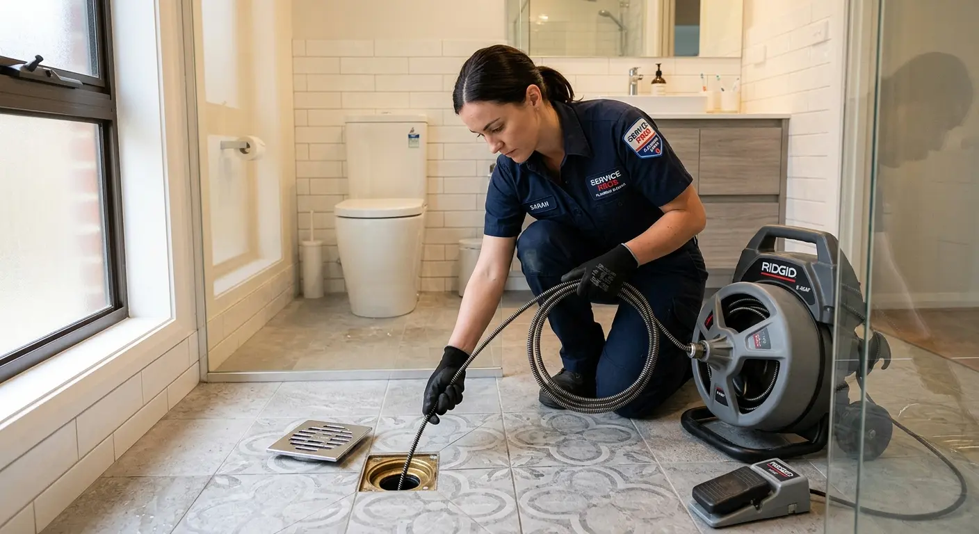 Technician clearing a bathroom floor drain for Drain Repair in Waco